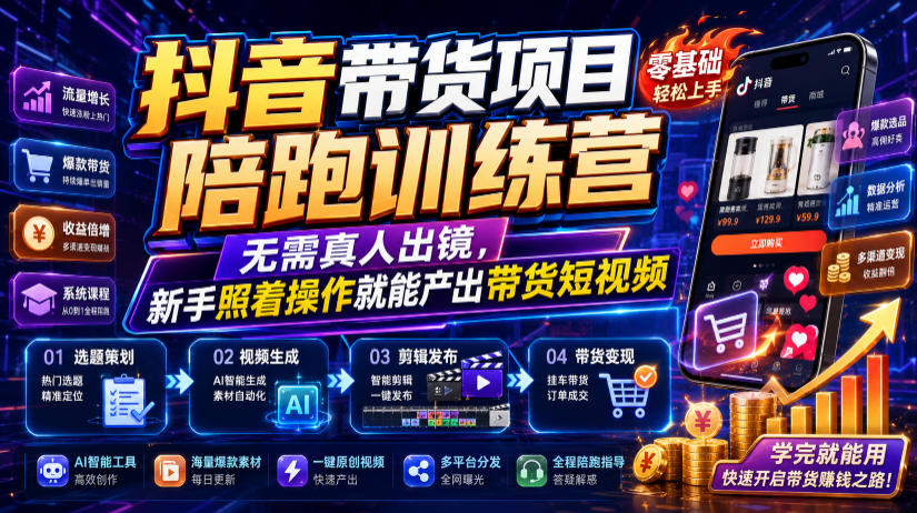 抖音带货项目陪跑训练营,无需真人出镜,新手照着操作就能产出带货短视频-智富思维学堂