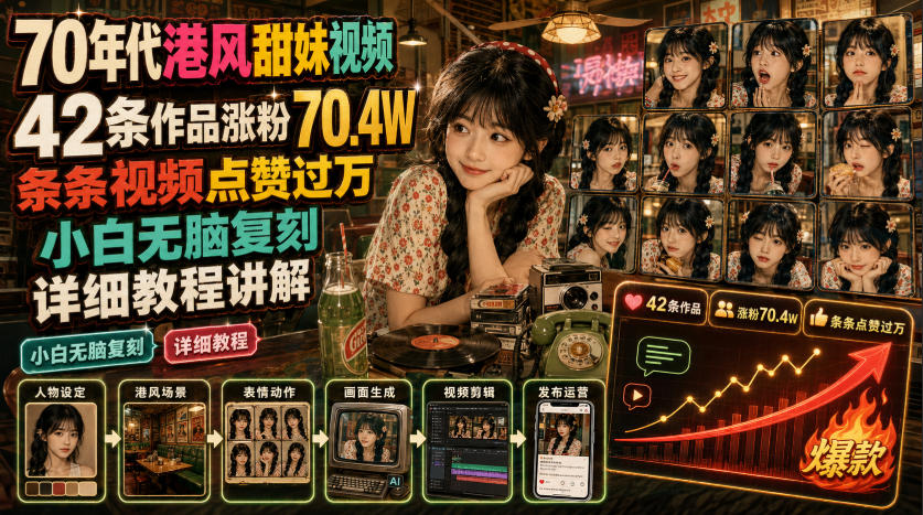70年代港风甜妹视频,42条作品涨粉70.4W,条条视频点赞过万,小白无脑复刻,详细教程讲解-智富思维学堂
