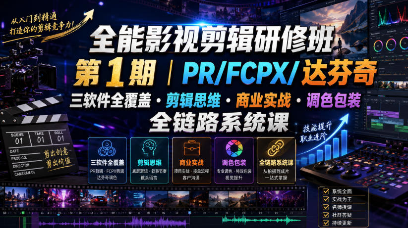 全能影视剪辑研修班第1期|PR/FCPX/达芬奇三软件全覆盖・剪辑思维・商业实战・调色包装全链路系统课-智富思维学堂