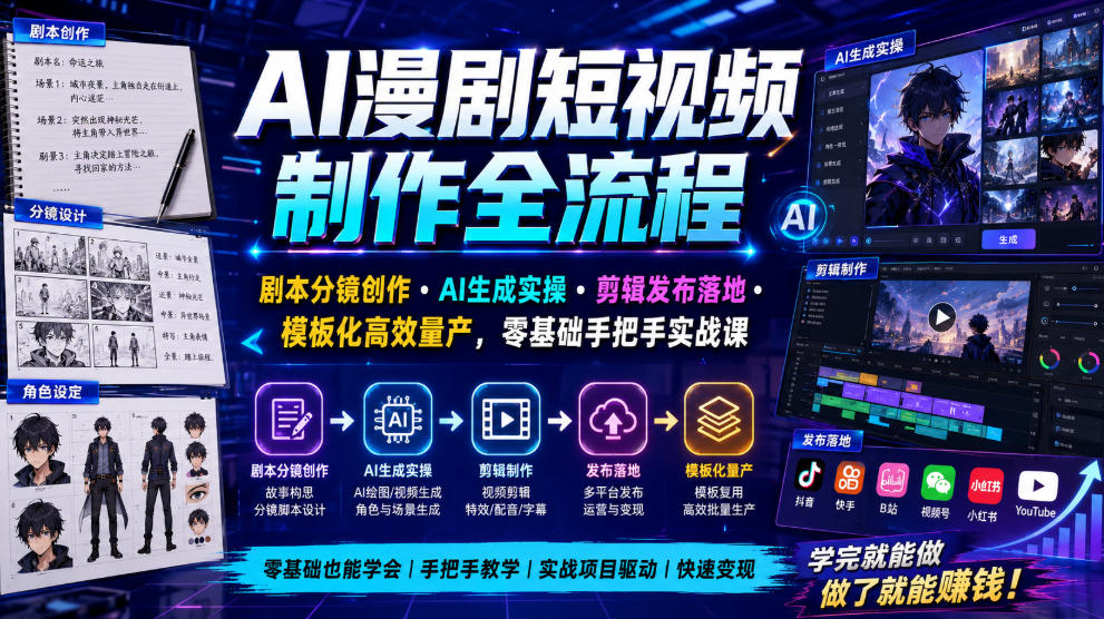 AI漫剧短视频制作全流程|剧本分镜创作・AI生成实操・剪辑发布落地・模板化高效量产,零基础手把手实战课-智富思维学堂
