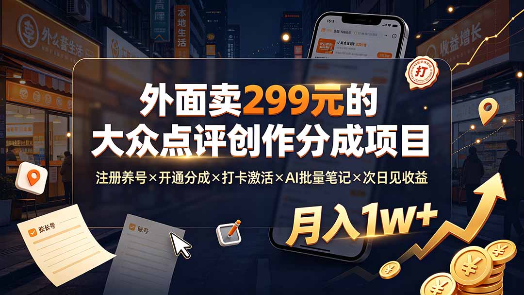 外面卖299元的大众点评创作分成项目：注册养号×开通分成×打卡激活×AI批量笔记×次日见收益，月入1w+-智富思维学堂