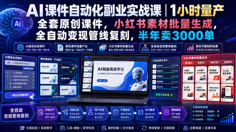 AI课件自动化副业实战课|1小时量产全套原创课件,小红书素材批量生成,全自动变现管线复刻,半年卖3000单-智富思维学堂