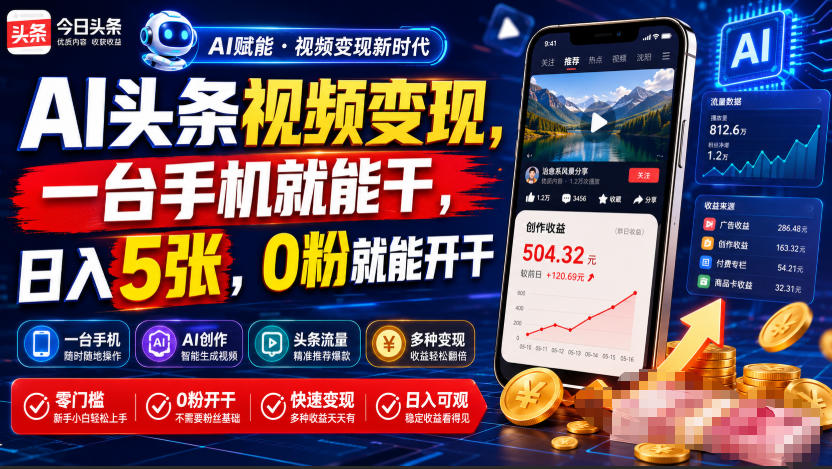 AI头条视频变现,一台手机就能干,日入5张,0粉就能开干-智富思维学堂