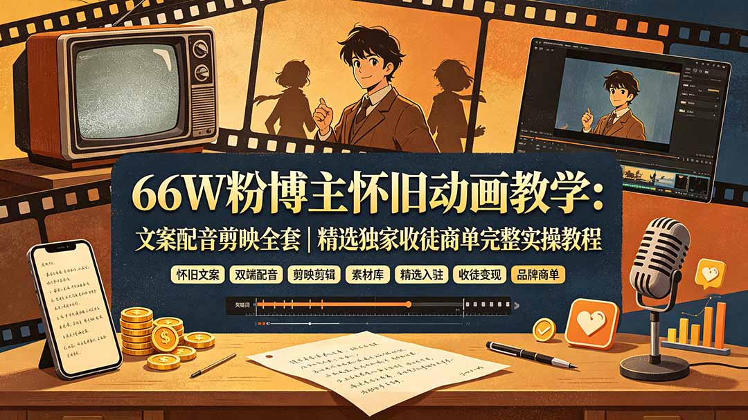 66W粉博主怀旧动画教学：文案配音剪映全套｜精选独家收徒商单完整实操教程-智富思维学堂