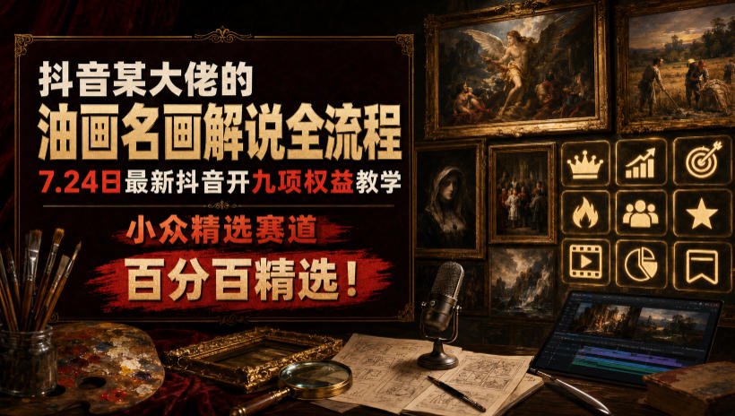 抖音某大佬的油画名画解说全流程，7.24日最新抖音开九项权益教学，小众精选赛道，百分百精选！-智富思维学堂