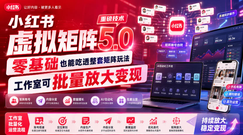 小红书虚拟矩阵5.0重磅技术,零基础也能吃透整套矩阵玩法,工作室可批量放大变现-智富思维学堂