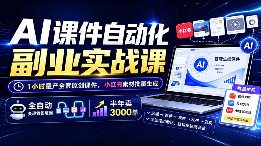 AI课件自动化副业实战课:1小时量产全套原创课件×小红书素材批量生成×全自动变现管线×半年卖3000单-智富思维学堂
