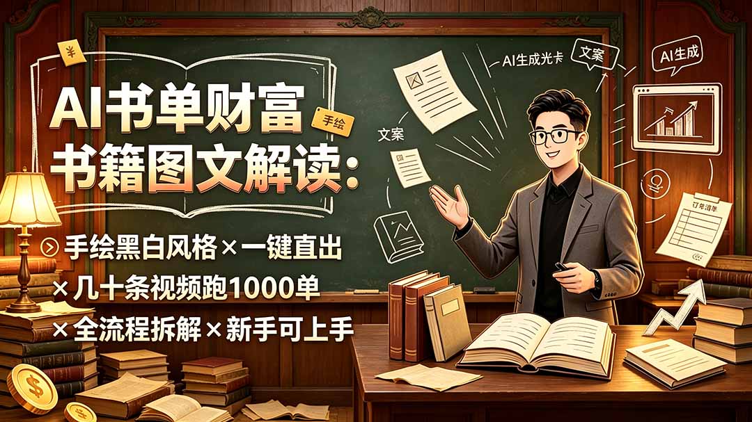 AI书单财富书籍图文解读:手绘黑白风格×一键直出×几十条视频跑1000单×全流程拆解×新手可上手-智富思维学堂