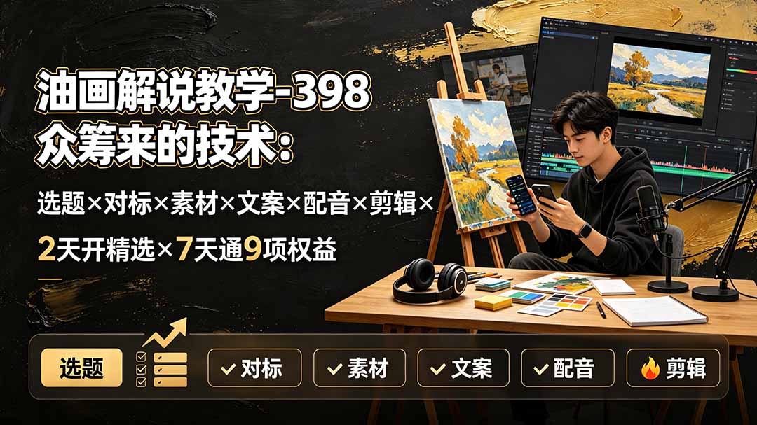 油画解说教学-398众筹来的技术:选题×对标×素材×文案×配音×剪辑×2天开精选×7天通9项权益-智富思维学堂