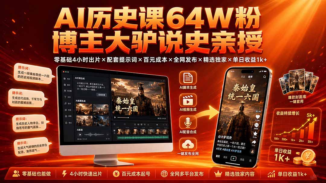 图片[2]-AI历史课64W粉博主大驴说史亲授：零基础4小时出片×配套提示词×百元成本×全网发布×精选独家×单日收益1k+-智富思维学堂