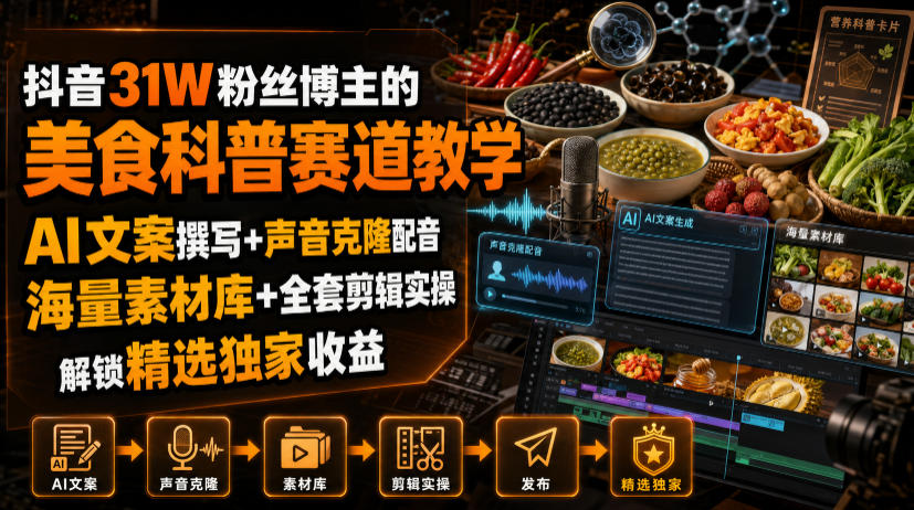 抖音31W粉丝博主的美食科普赛道教学，AI文案撰写+声音克隆配音+剪辑实操，解锁精选独家收益-智富思维学堂