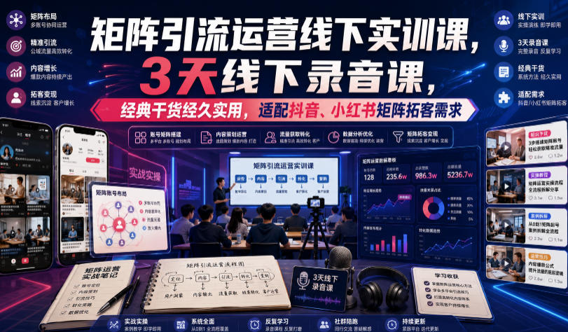 嗨推矩阵引流运营线下实训课,3天线下录音课,经典干货经久实用,适配抖音、小红书矩阵拓客需求-智富思维学堂