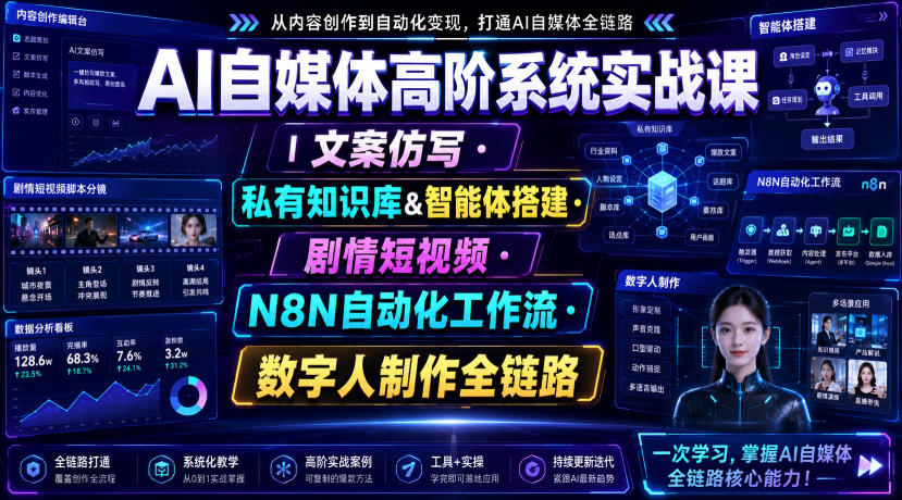 AI自媒体高阶系统实战课|文案仿写・私有知识库&智能体搭建・剧情短视频・N8N自动化工作流・数字人制作全链路-智富思维学堂