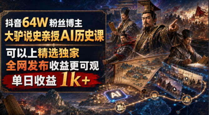 抖音64W粉丝博主大驴说史亲授AI历史课，可以上精选独家，全网发布收益更可观，单日收益1k+-智富思维学堂