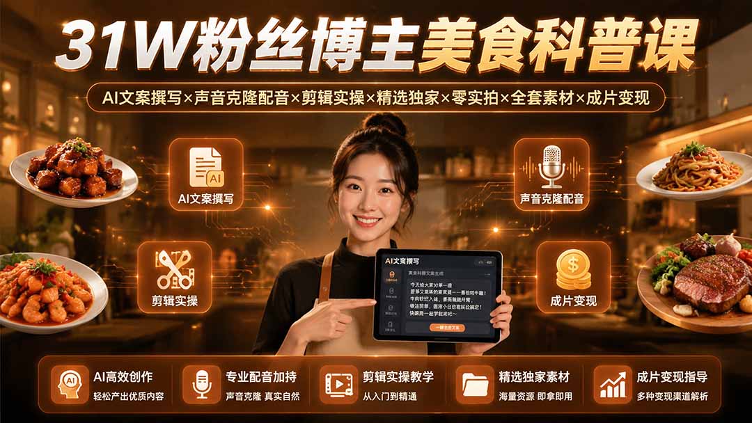图片[2]-31W粉丝博主美食科普课：AI文案撰写×声音克隆配音×剪辑实操×精选独家×零实拍×全套素材×成片变现-智富思维学堂