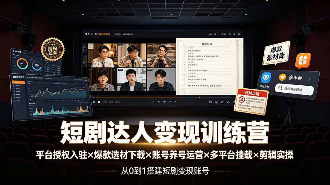 短剧达人变现训练营：平台授权入驻×爆款选材下载×账号养号运营×多平台挂载×剪辑实操×违规处理全流程-智富思维学堂