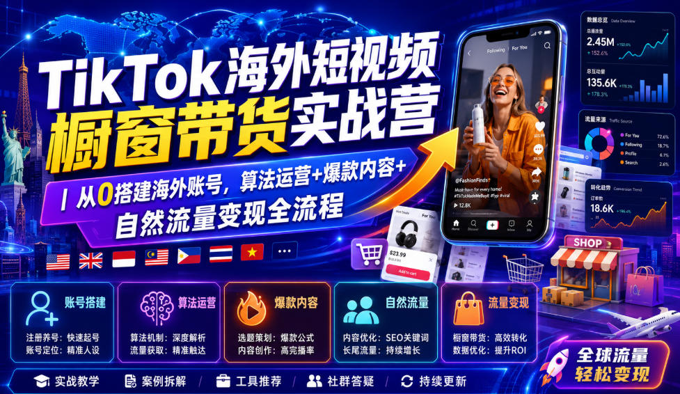 TikTok海外短视频橱窗带货实战营｜从0搭建海外账号，算法运营+爆款内容+自然流量变现全流程-智富思维学堂