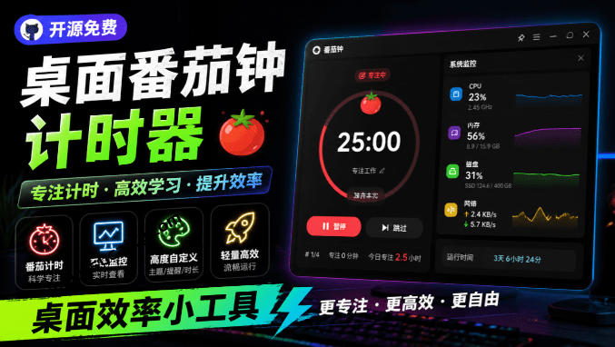 仅1.16MB，开源极简的桌面时钟、番茄钟计时器，还支持系统监控显示，桌面效率小工具Catime-智富思维学堂
