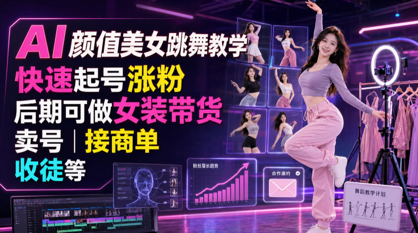 AI颜值美女跳舞教学，快速起号涨粉，后期可做女装带货，卖号，接商单，收徒等-智富思维学堂