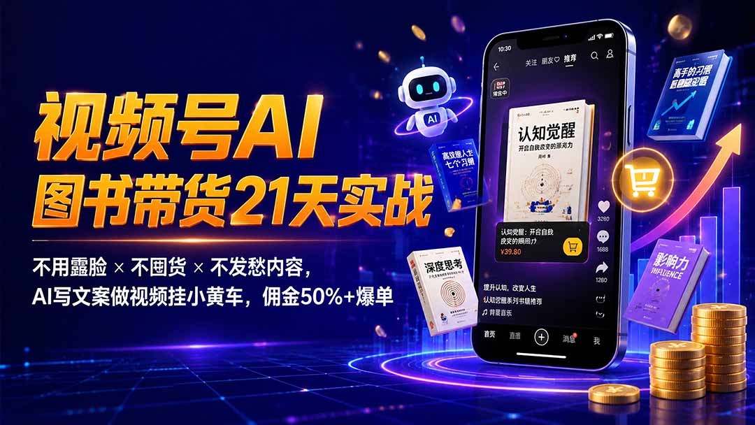 繁花视频号AI图书带货21天实战：不用露脸×不囤货×不发愁内容，AI写文案做视频挂小黄车，佣金50%+爆单-智富思维学堂