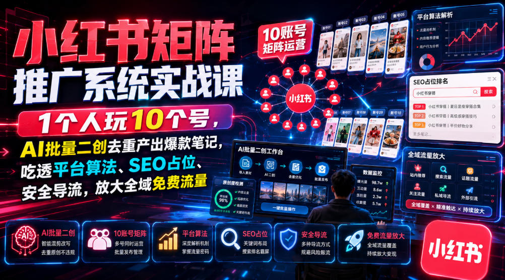 小红书矩阵推广系统实战课｜1个人玩10个号，AI批量二创去重产出爆款笔记，吃透平台算法、SEO占位、安全导流，放大全域免费流量-智富思维学堂