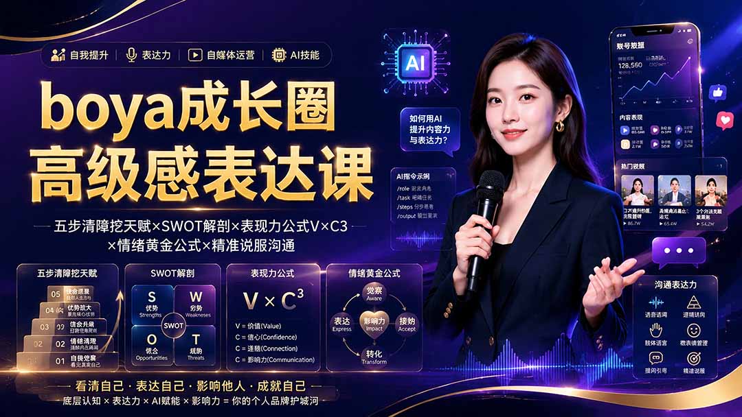 boya成长圈|内心成长高级表达AI自媒体三合一,消解内耗挖掘天赋,镜头沟通AI指令短视频全流程教学-智富思维学堂