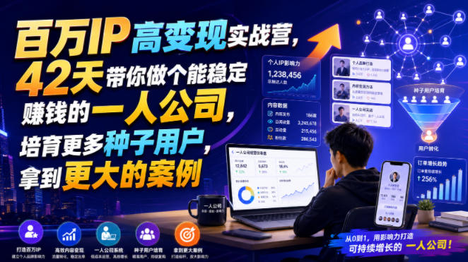 百万IP高变现实战营,42天带你做个能稳定賺钱的一人公司,培育更多种子用户,拿到更大的案例-智富思维学堂