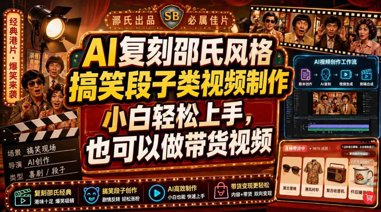 AI复刻邵氏风格搞笑段子类视频制作，小白轻松上手，也可以做带货视频-智富思维学堂