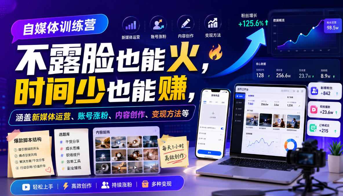自媒体训练营，不露脸也能火，时间少也能賺，涵盖新媒体运营、账号涨粉、内容创作、变现方法等-智富思维学堂