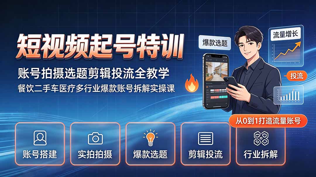 短视频起号特训|账号拍摄选题剪辑投流全教学,餐饮二手车医疗多行业爆款账号拆解实操课-智富思维学堂