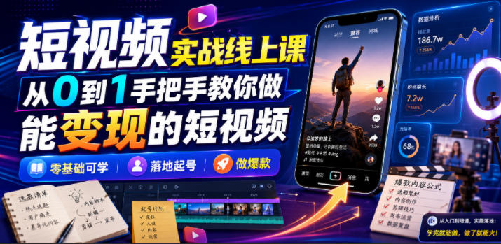 短视频实战线上课,从0到1手把手教你做能变现的短视频,零基础可学,落地起号做爆款-智富思维学堂