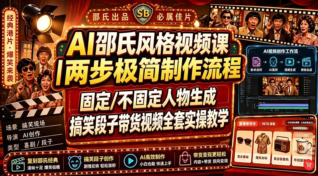 AI邵氏风格视频课|两步极简制作流程,固定/不固定人物生成,搞笑段子带货视频全套实操教学-智富思维学堂