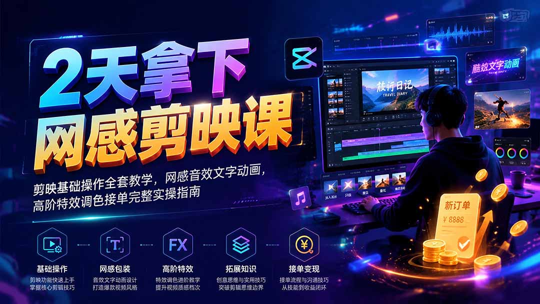 2天拿下网感剪辑课|剪映基础操作全套教学,网感音效文字动画,高阶特效调色接单完整实操指南-智富思维学堂