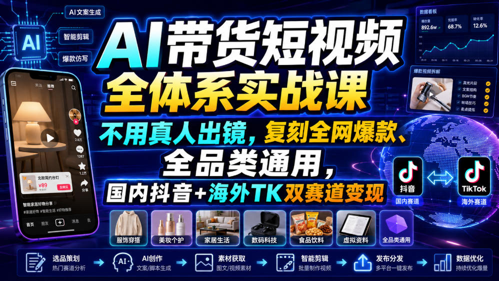 AI带货短视频全体系实战课,不用真人出镜,复刻全网爆款、全品类通用,国内抖音+海外TK双赛道变现-智富思维学堂