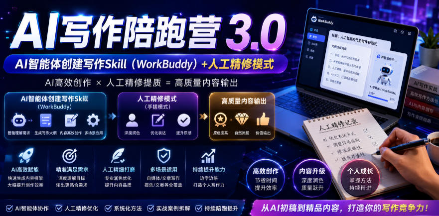 AI写作陪跑营3.0,Ai智能体创建写作skill(workbuddy)+人工手写模式(手搓模式),去除AI痕迹(头条号、公众号、百家号)(更新0730)-智富思维学堂