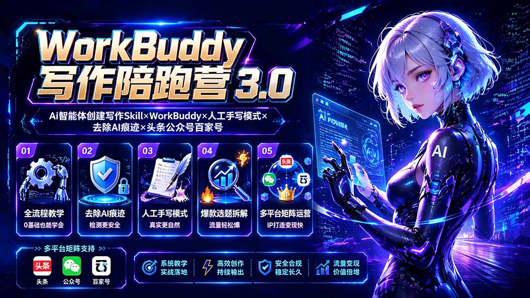 WorkBuddy写作陪跑营3.0-更新:Ai智能体创建写作Skill×WorkBuddy×人工手写模式×去除AI痕迹×头条公众号百家号-智富思维学堂