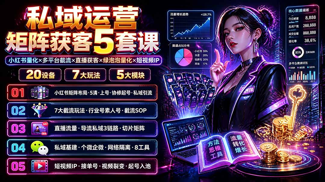 私域运营矩阵获客5套课:小红书量化×多平台截流×直播获客×绿泡泡量化×短视频IP×20设备×7大玩法-智富思维学堂