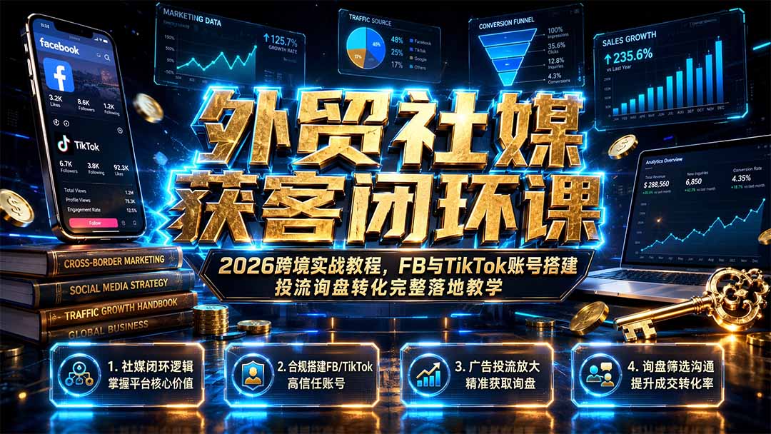 外贸社媒获客闭环课|2026跨境实战教程,FB与TikTok账号搭建投流询盘转化完整落地教学-智富思维学堂