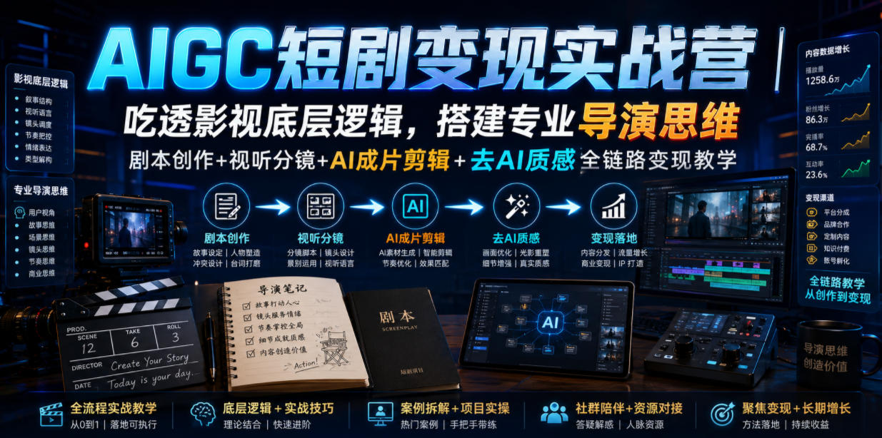 AIGC短剧变现实战营|吃透影视底层逻辑,搭建专业导演思维,剧本创作+视听分镜+AI成片剪辑+去AI质感全链路变现教学-智富思维学堂