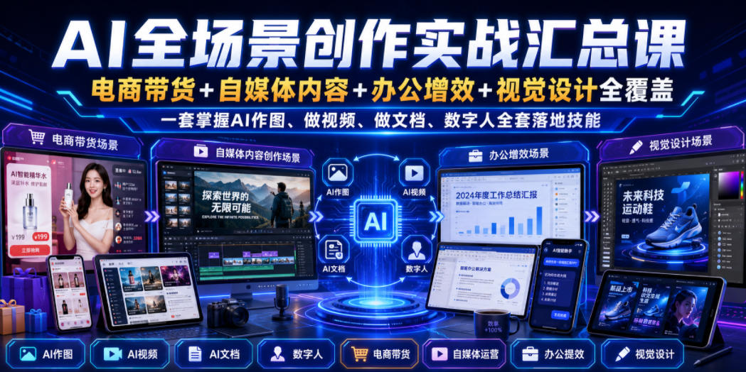 AI全场景创作实战汇总课|电商带货+自媒体内容+办公增效+视觉设计全覆盖,一套掌握AI作图、做视频、做文档、数字人全套落地技能-智富思维学堂