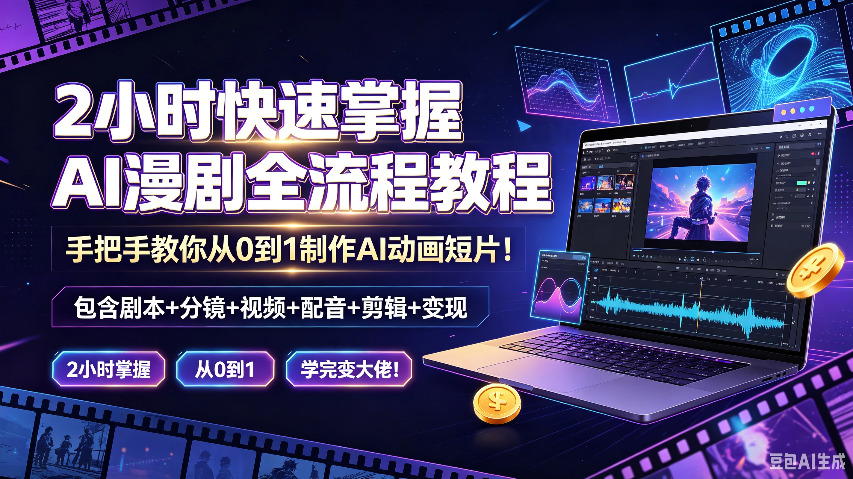 【精】2小时快速掌握AI漫剧全流程教程,手把手教你从0到1制作A动画短片!包含剧本+分镜+视频+配音+剪辑+变现,2小时掌握、从0到1、学完变大佬!-智富思维学堂