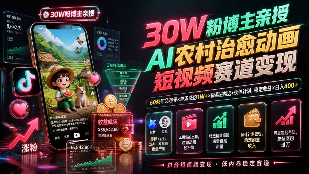 30W粉博主亲授AI农村治愈动画短视频赛道变现:60条作品起号×单条涨粉1W+×极易进精选+伙伴计划,稳定收益×日入400+-智富思维学堂