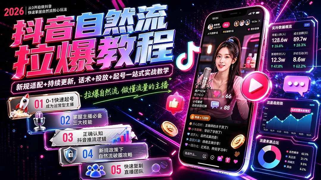 抖音自然流拉爆教程-更新7月:做懂流量的主播,新规适配+持续更新,话术+投放+起号一站式实战教学-智富思维学堂