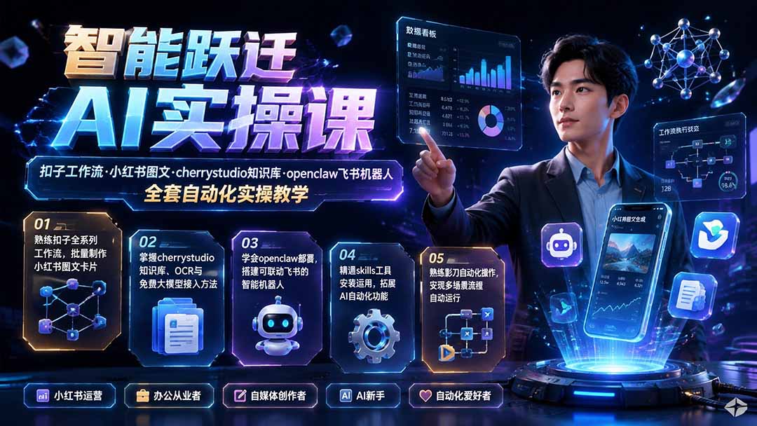 智能跃迁 AI实操课|扣子工作流小红书图文搭建,cherrystudio知识库openclaw飞书机器人全套自动化实操教学-智富思维学堂