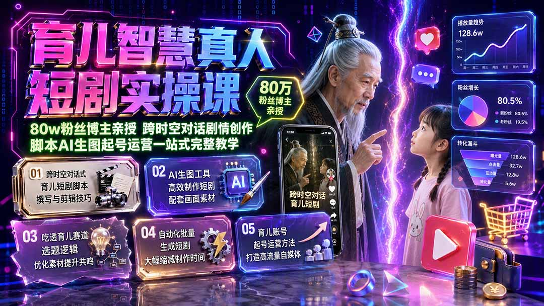 育儿智慧真人短剧实操课|80w粉丝博主亲授,跨时空对话剧情创作,脚本AI生图起号运营一站式完整教学-智富思维学堂