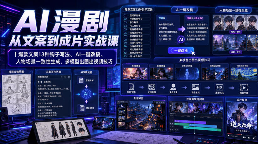 AI漫剧从文案到成片实战课｜爆款文案13种钩子写法、AI一键改稿、人物场景一致性生成、多模型出图出视频技巧-智富思维学堂