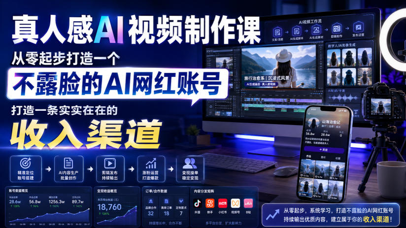 真人感AI视频制作课，从零起步打造一个不露脸的AI网红账号，打造一条实实在在的收入渠道【原创双语字幕】-智富思维学堂
