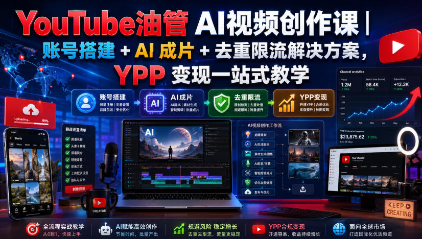 YouTube油管AI视频创作课｜账号搭建+AI成片+去重限流解决方案，YPP变现一站式教学-智富思维学堂