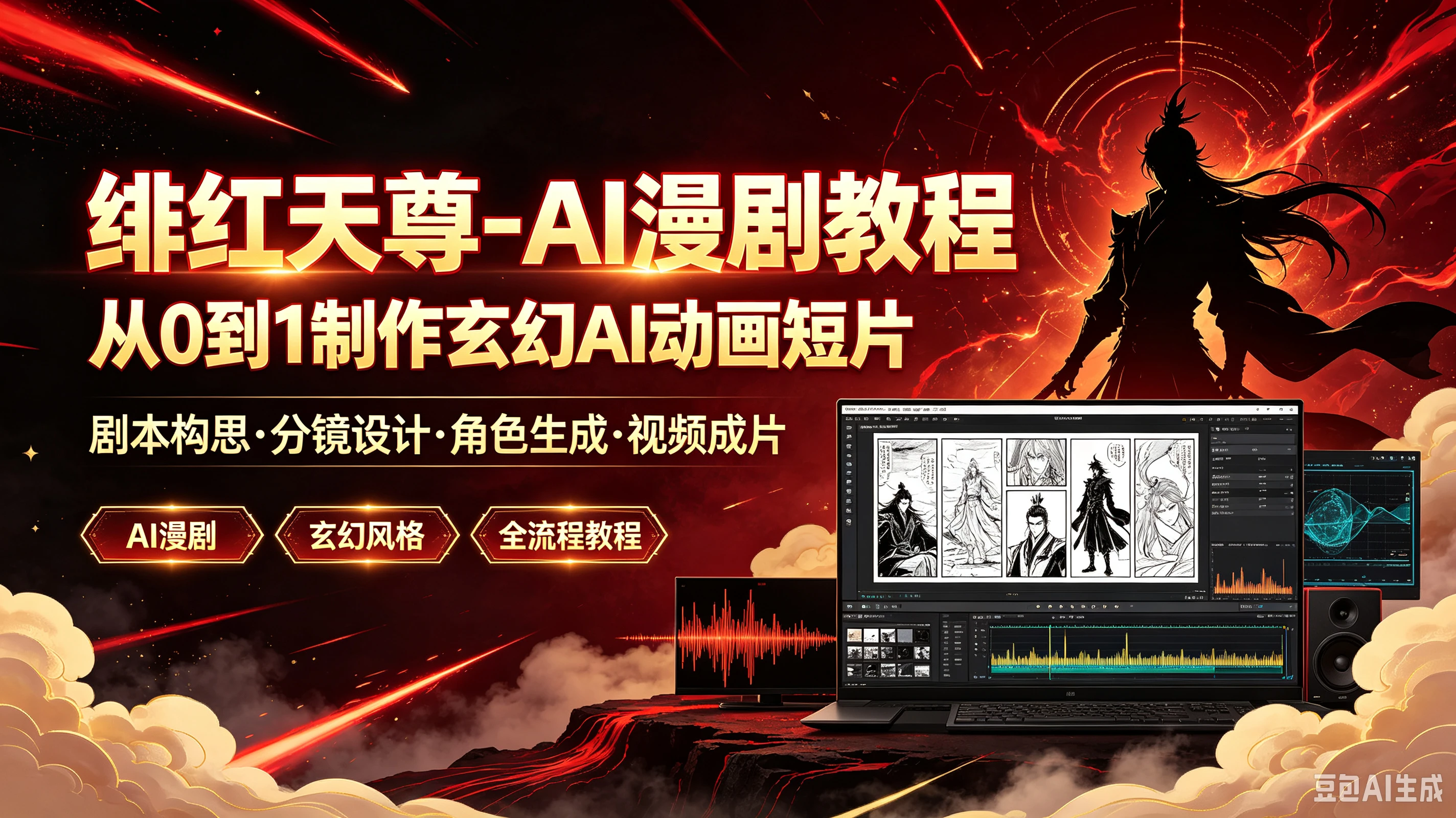 【精】绯红天尊-AI漫剧教程从O到1制作玄幻AI动画短片,剧本构思·分镜设计·角色生成·视频成片-智富思维学堂