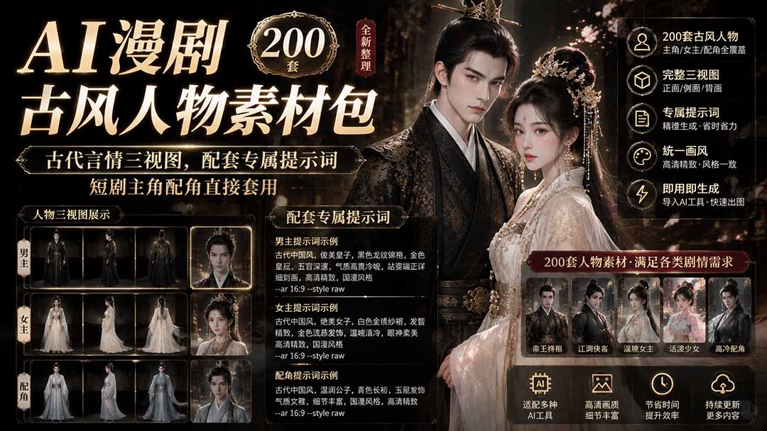 AI漫剧古风人物素材包+提示词｜200 套古代言情三视图，配套专属提示词短剧主角配角直接套用-智富思维学堂